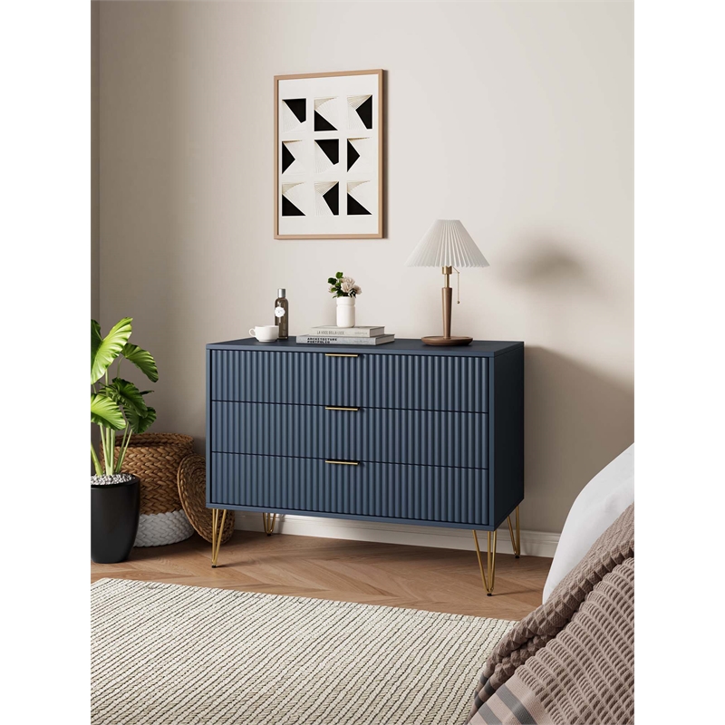Pemberly Row Modern Engineered Wood Dresser with 3-Drawers in Midnight Blue
