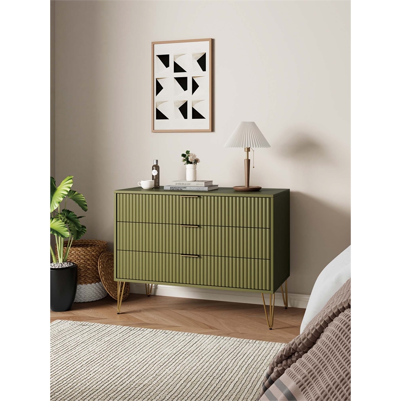 Pemberly Row Modern Engineered Wood Dresser with 3-Drawers in Olive Green