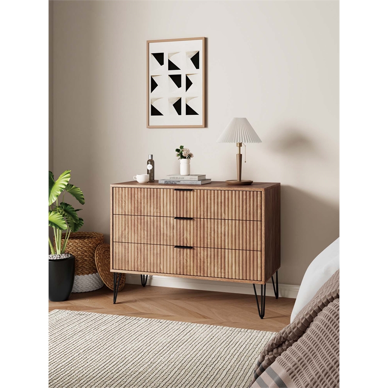 Pemberly Row Modern Engineered Wood Dresser with 3-Drawers in Golden Brown
