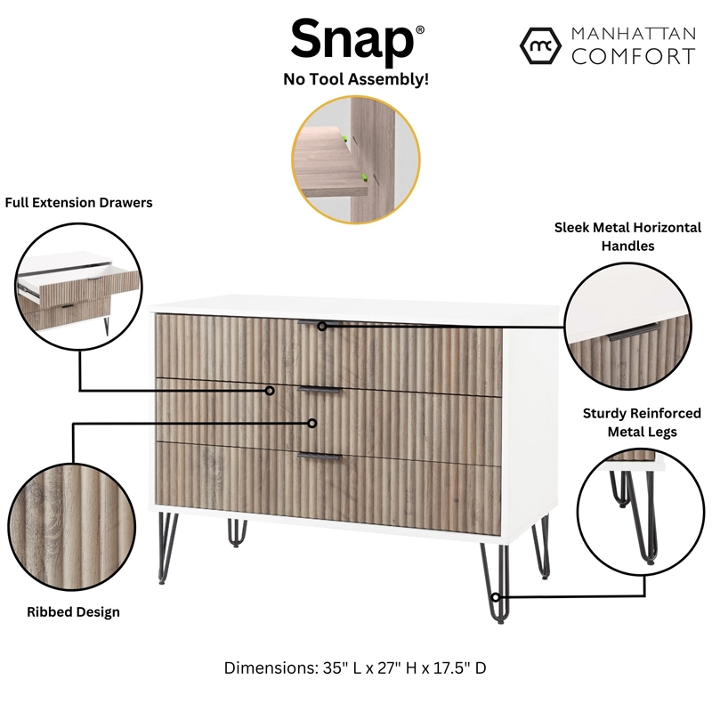 Pemberly Row Modern Engineered Wood Dresser with 3-Drawers in Multi-Color