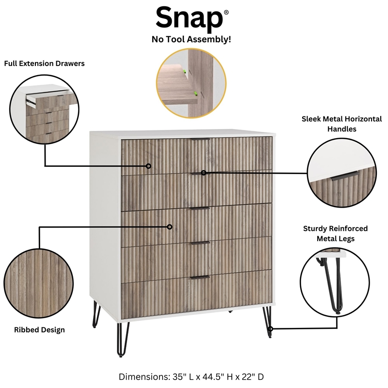 Pemberly Row 2-Piece 5-Drawer Tall Dresser and Nightstand 2.0 in Multi-Color