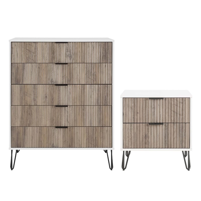 Pemberly Row 2-Piece 5-Drawer Tall Dresser and Nightstand 2.0 in Multi-Color