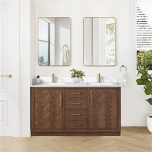 Pemberly Row 60&quot Bath Vanity in Dark Brown Oak with Silk White Quartz Stone Top