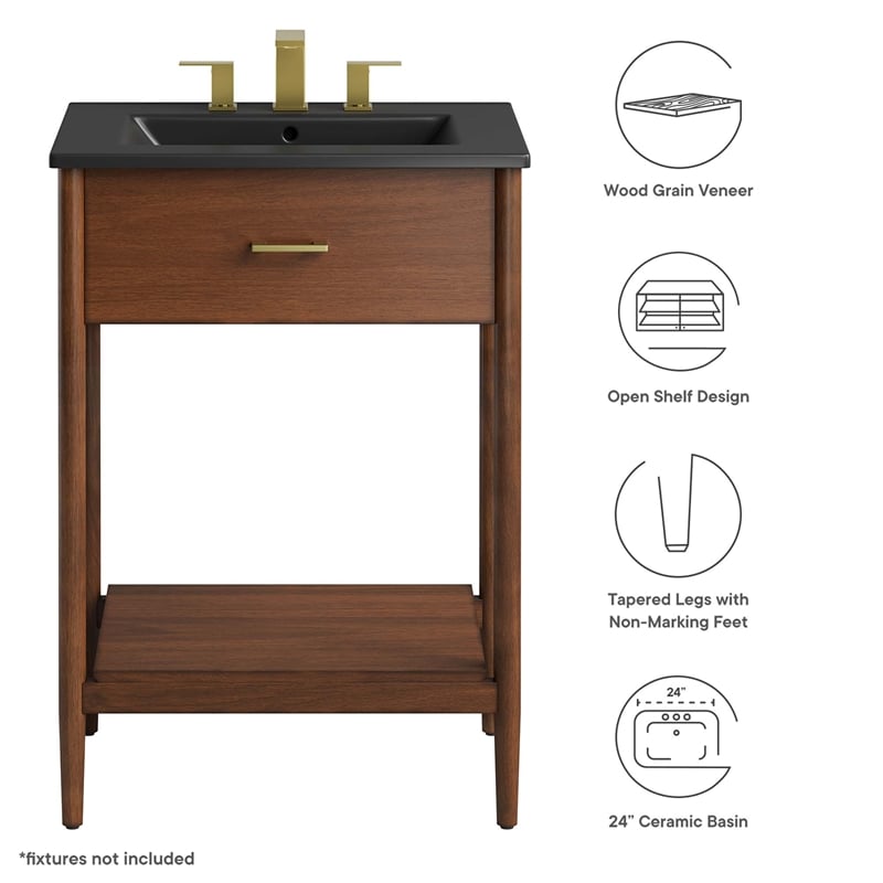 Pemberly Row Wooden Contemporary Bathroom Vanity in Walnut Black
