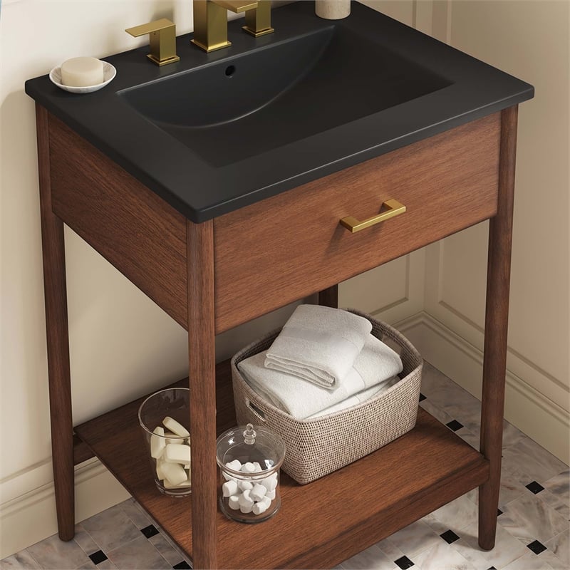 Pemberly Row Wooden Contemporary Bathroom Vanity in Walnut Black