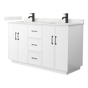 Pemberly Row 60&quot White Double Vanity & Giotto Quartz Top (1-Hole) & Black Trim