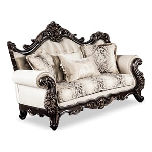 Pemberly Row Traditional Tufted Beige Fabric Loveseat in Dark Cherry