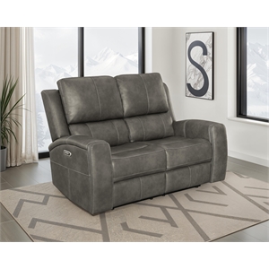 Pemberly Row Faux Leather Triple Power Reclining Loveseat in Charcoal