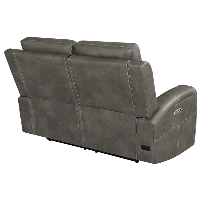 Pemberly Row Faux Leather Triple Power Reclining Loveseat in Charcoal