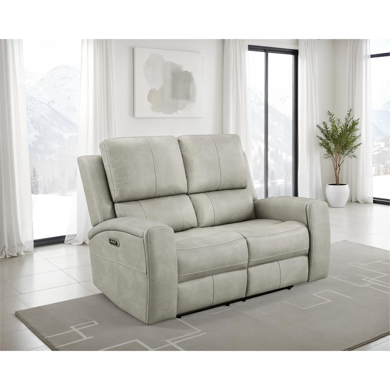 Pemberly Row Faux Leather Triple Power Reclining Loveseat in Gray