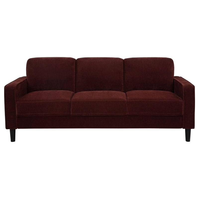 Pemberly Row Transitional Upholstered Fabric Track Arm Sofa in Rust Red