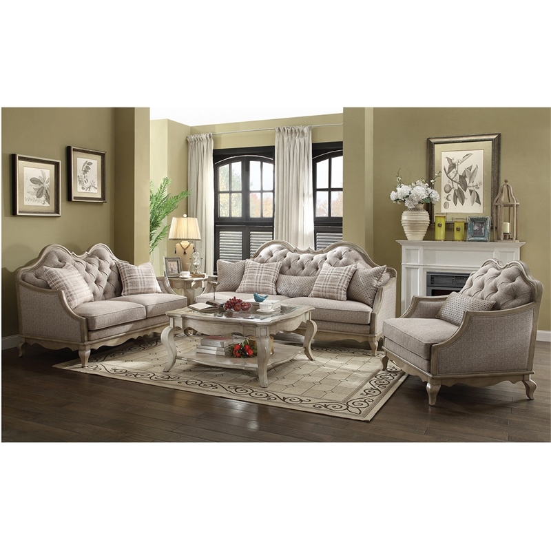 Pemberly Row Sofa with 5 Pillows in Beige Fabric & Antique Taupe