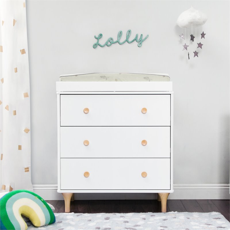 Pemberly Row Contemporary 3 Drawer Changer Dresser in White and Natural