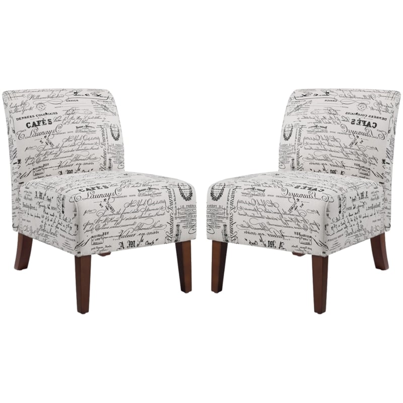 Pemberly Row 2-Piece Accent Chair Set in Cream and Black Script Linen with Solid Wood Legs