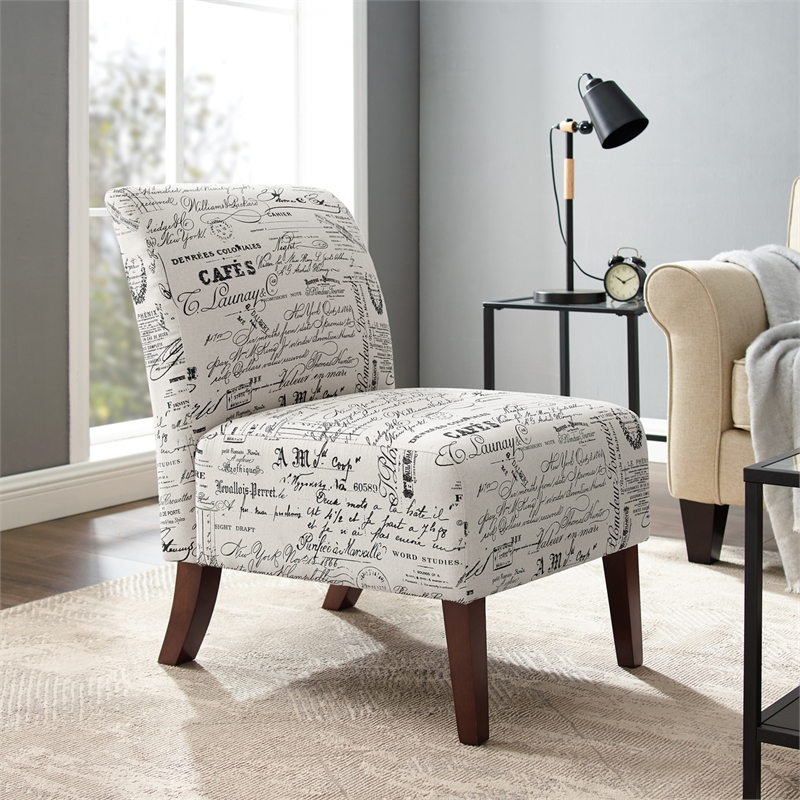 Pemberly Row 2-Piece Accent Chair Set in Cream and Black Script Linen with Solid Wood Legs