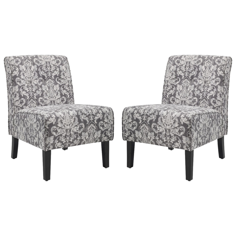 Pemberly Row Upholstered Tufted Accent Chairs - Set of 2 in Gray Patterned Fabric with Black Rubberw