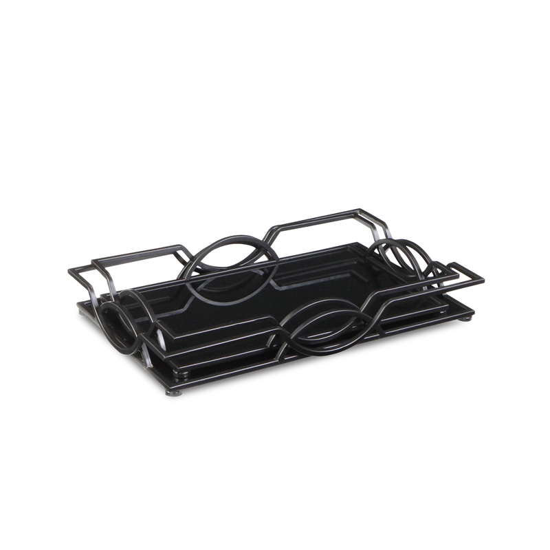 Pemberly Row Set of 2 Black Mirrored Metal Trays with Metal Frame