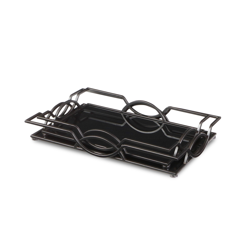 Pemberly Row Set of 2 Black Mirrored Metal Trays with Metal Frame