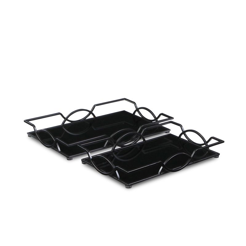 Pemberly Row Set of 2 Black Mirrored Metal Trays with Metal Frame