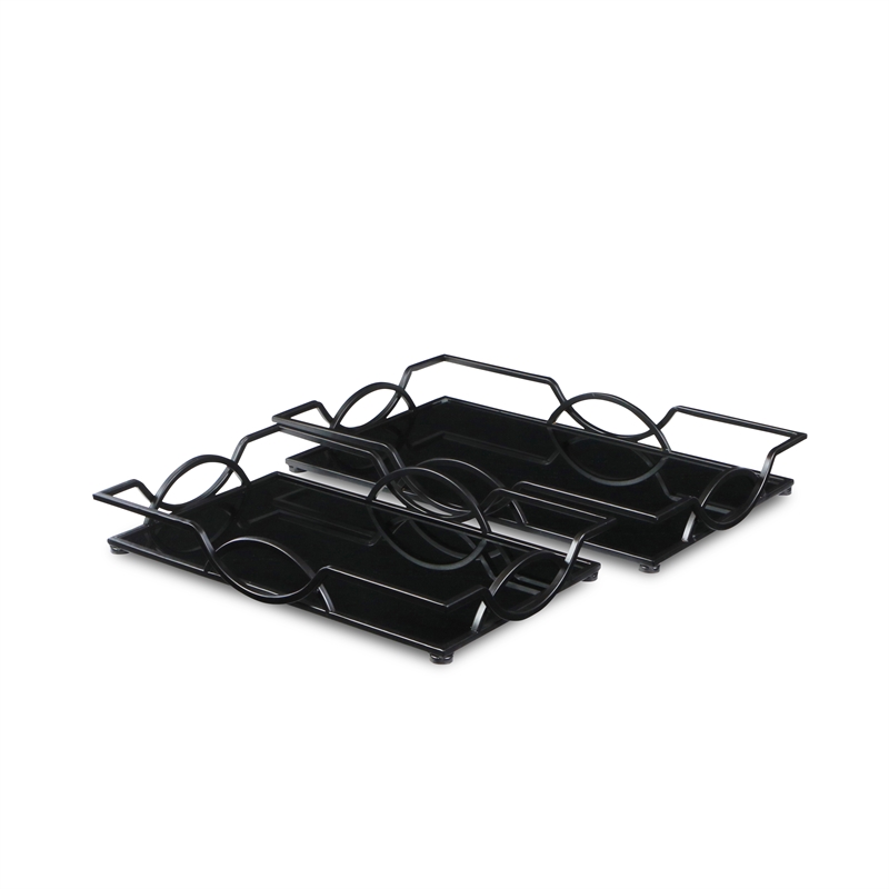 Pemberly Row Set of 2 Black Mirrored Metal Trays with Metal Frame