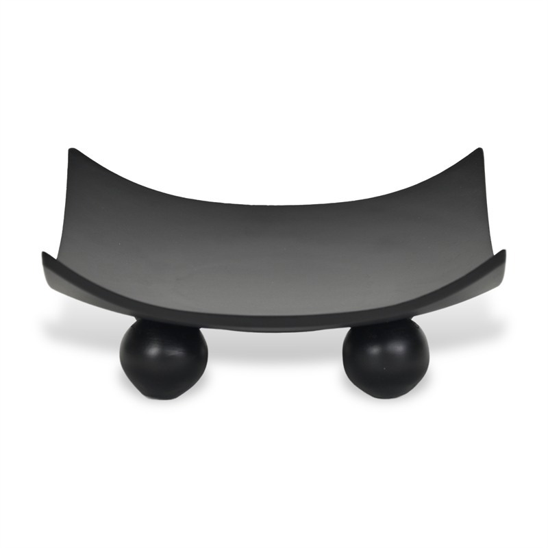 Pemberly Row Curved Black Wood Tray on Wood Orbs 11