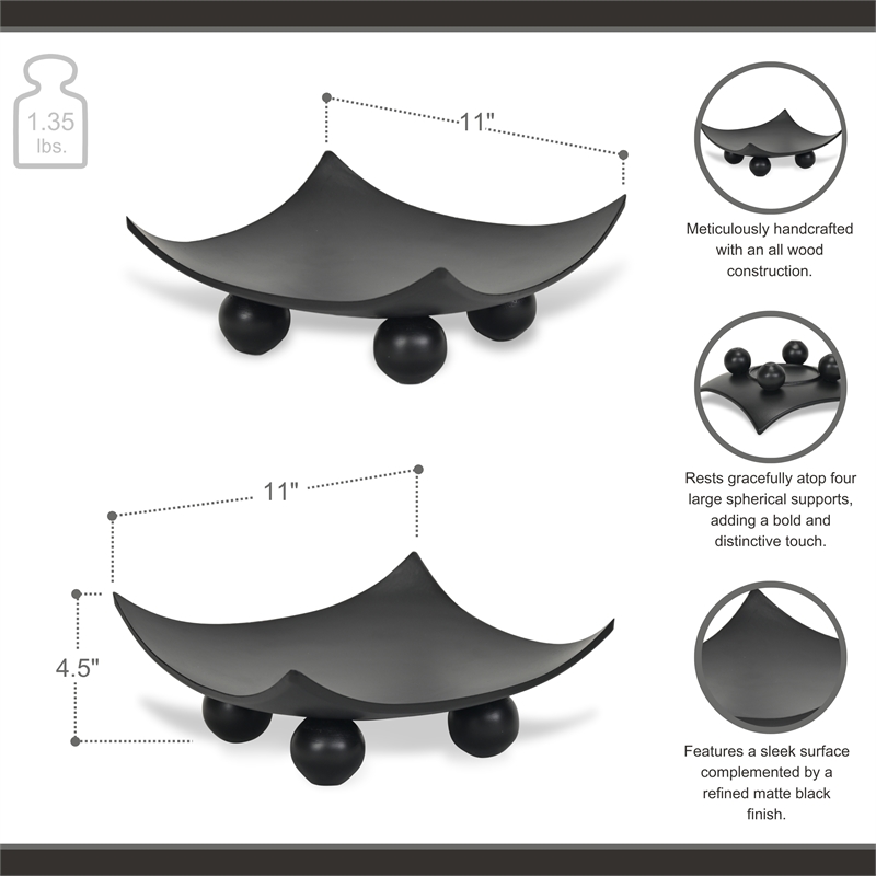 Pemberly Row Curved Black Wood Tray on Wood Orbs 11