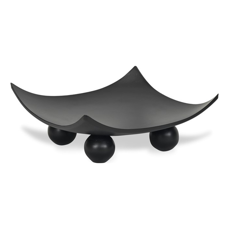 Pemberly Row Curved Black Wood Tray on Wood Orbs 11