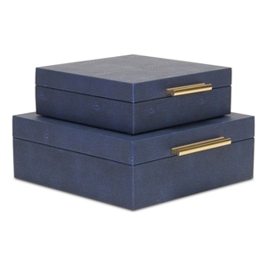 Pemberly Row Square Decorative Box Set of 2 in Navy Blue Faux Shagreen