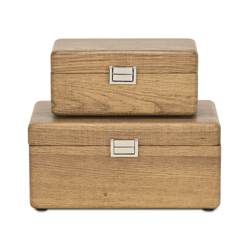 Pemberly Row Set of 2 Wood Storage Boxes with Silver Handles in Brown
