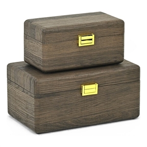 Pemberly Row Set of 2 Dark Brown Wood Storage Boxes with Gold Handles