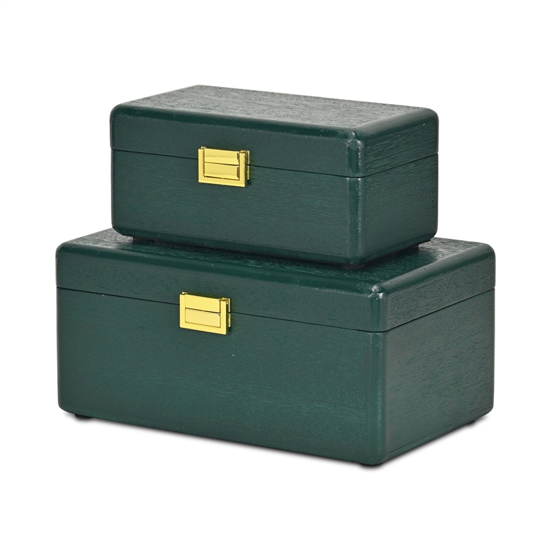 Pemberly Row Set of 2 Green Wood Storage Boxes with Gold Handles