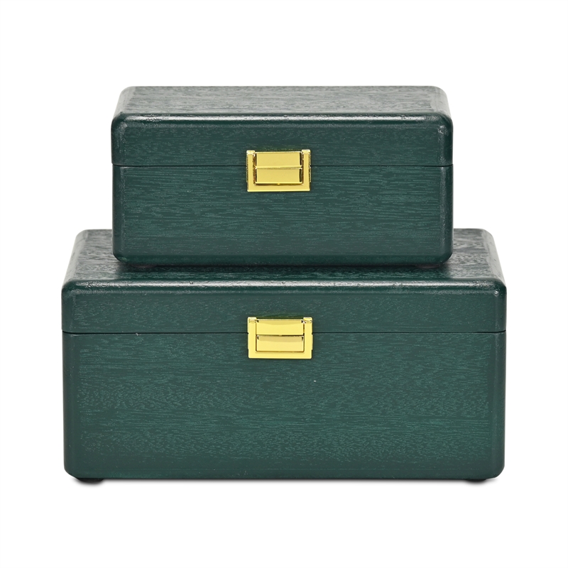 Pemberly Row Set of 2 Green Wood Storage Boxes with Gold Handles