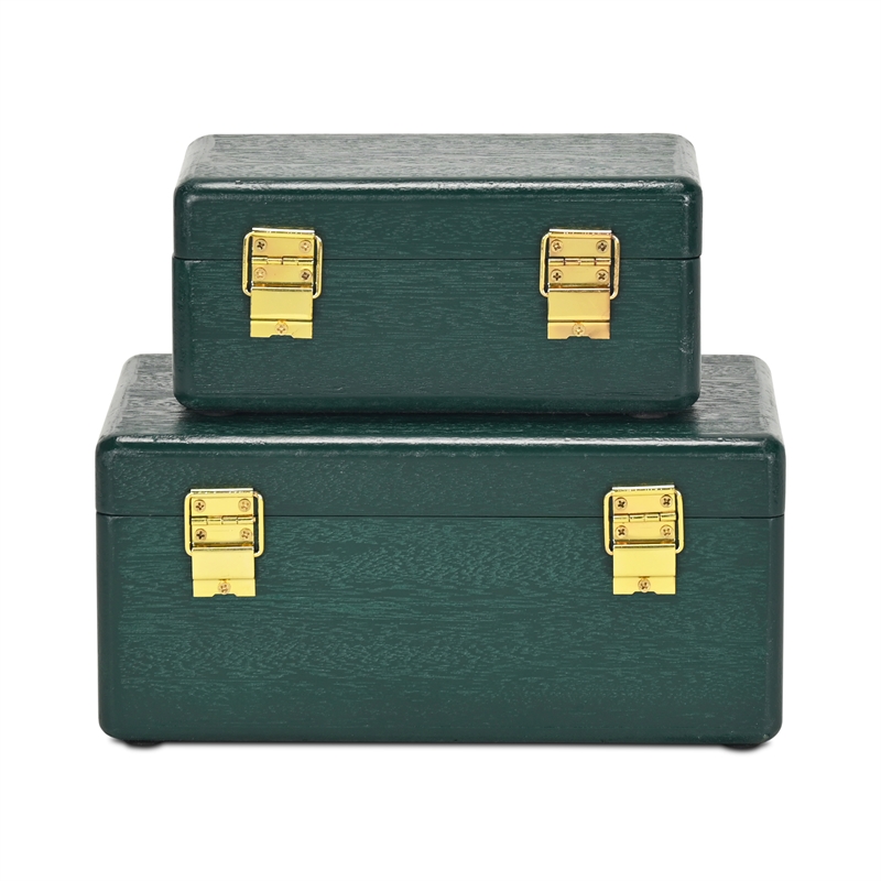 Pemberly Row Set of 2 Green Wood Storage Boxes with Gold Handles
