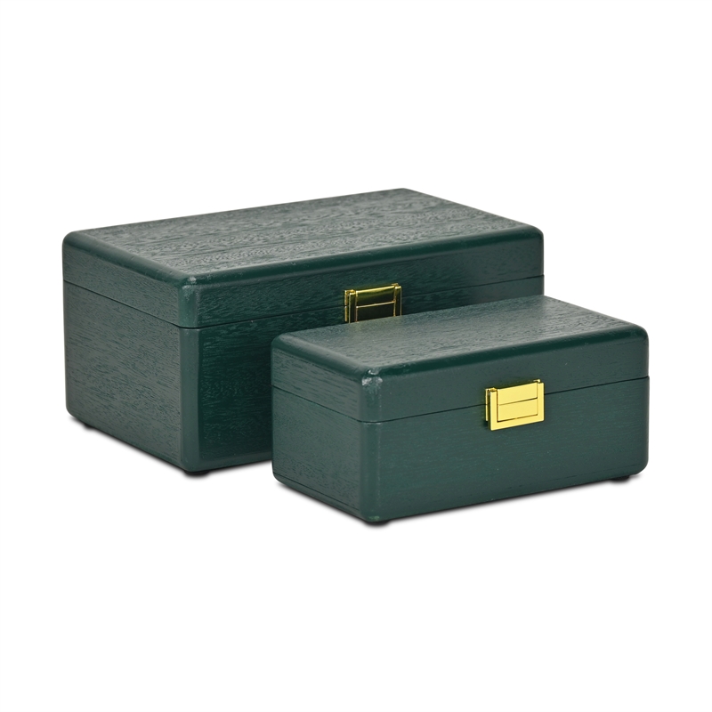 Pemberly Row Set of 2 Green Wood Storage Boxes with Gold Handles