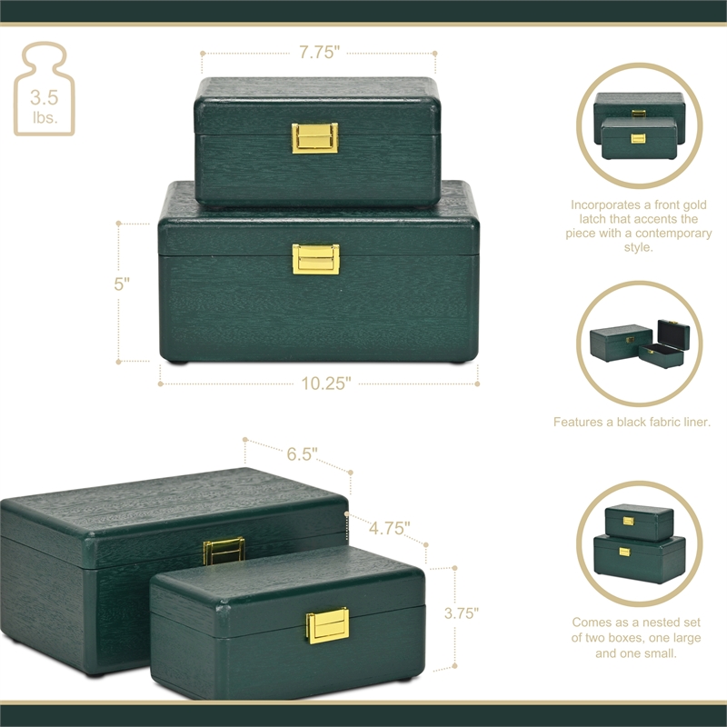 Pemberly Row Set of 2 Green Wood Storage Boxes with Gold Handles