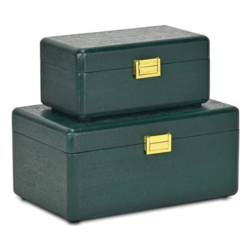Pemberly Row Set of 2 Green Wood Storage Boxes with Gold Handles