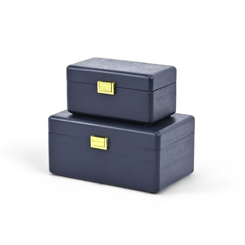 Pemberly Row Set of 2 Navy Blue Wood Storage Boxes with Gold Handles