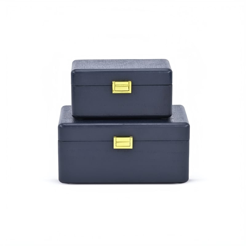 Pemberly Row Set of 2 Navy Blue Wood Storage Boxes with Gold Handles