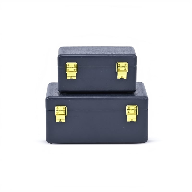 Pemberly Row Set of 2 Navy Blue Wood Storage Boxes with Gold Handles