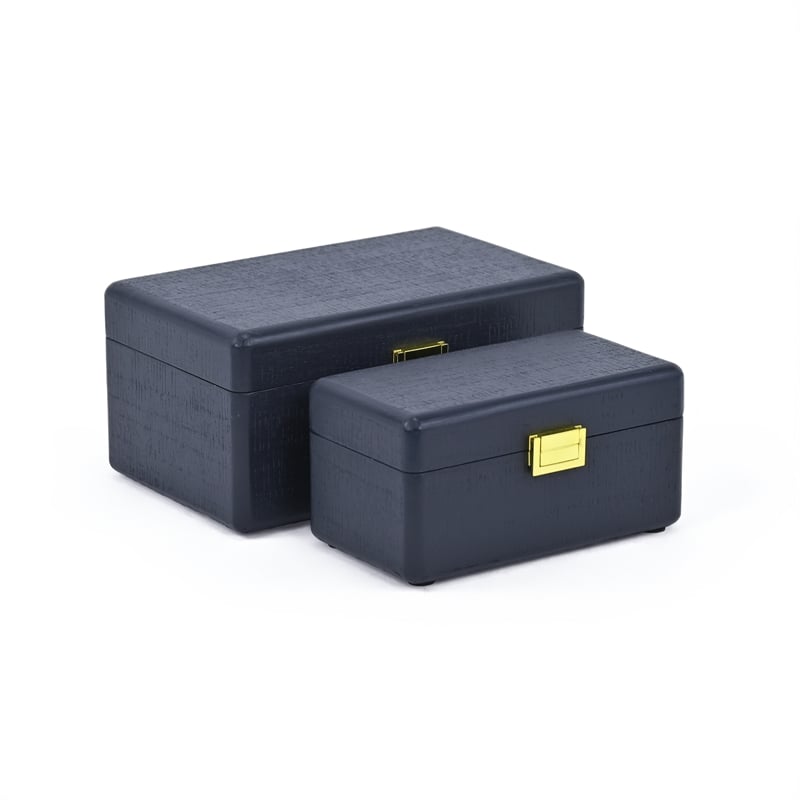 Pemberly Row Set of 2 Navy Blue Wood Storage Boxes with Gold Handles