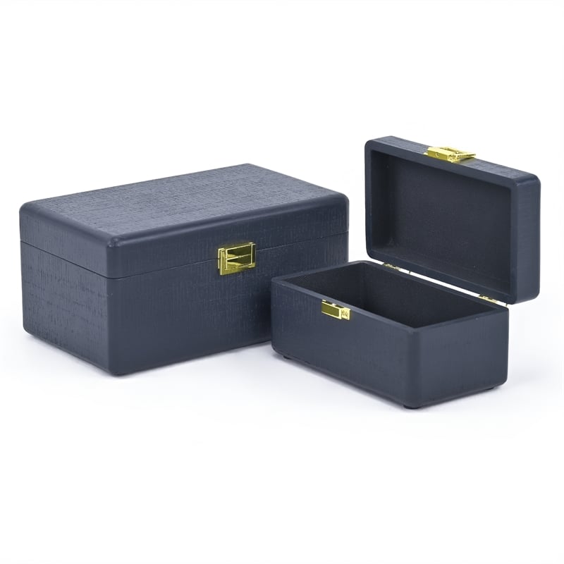 Pemberly Row Set of 2 Navy Blue Wood Storage Boxes with Gold Handles