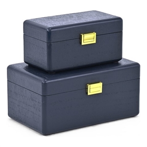 Pemberly Row Set of 2 Navy Blue Wood Storage Boxes with Gold Handles