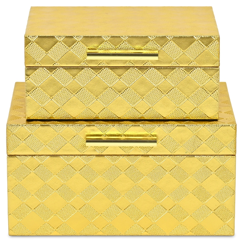 Pemberly Row Vinyl Diamond Checkered Pattern Box Set of 2 in Gold