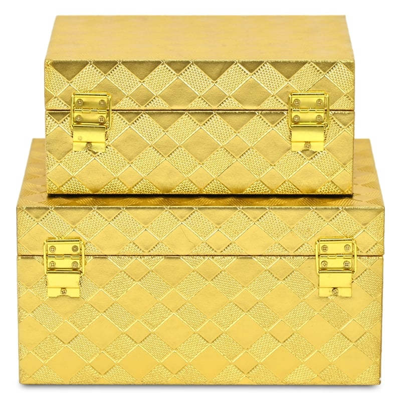 Pemberly Row Vinyl Diamond Checkered Pattern Box Set of 2 in Gold