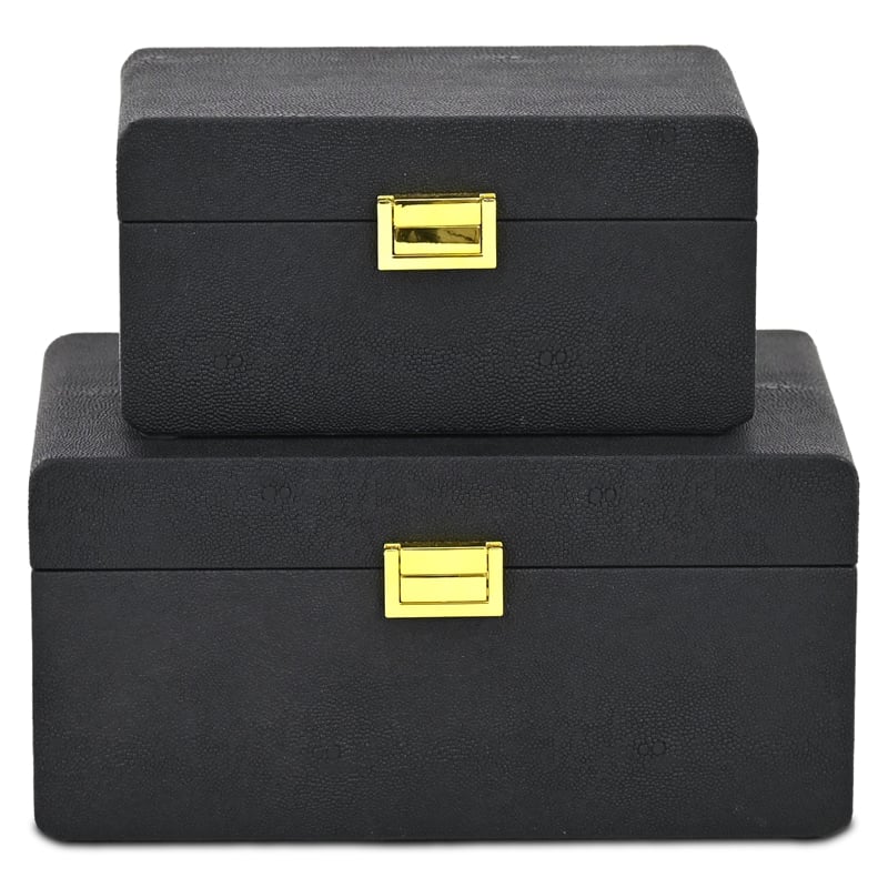 Pemberly Row Rounded Shagreen Vinyl Box Set of 2 with Gold Handles in Black