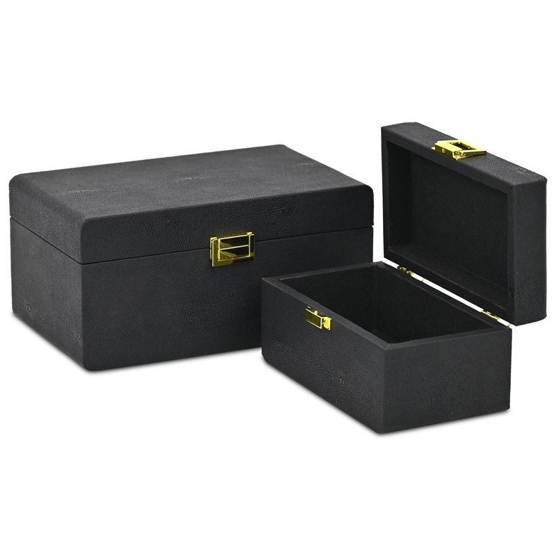 Pemberly Row Rounded Shagreen Vinyl Box Set of 2 with Gold Handles in Black