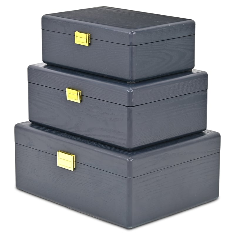 Pemberly Row Set of 3 Suitcase Storage Boxes with Gold Handles in Navy Blue