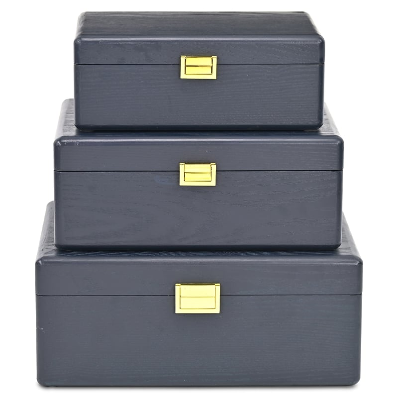 Pemberly Row Set of 3 Suitcase Storage Boxes with Gold Handles in Navy Blue
