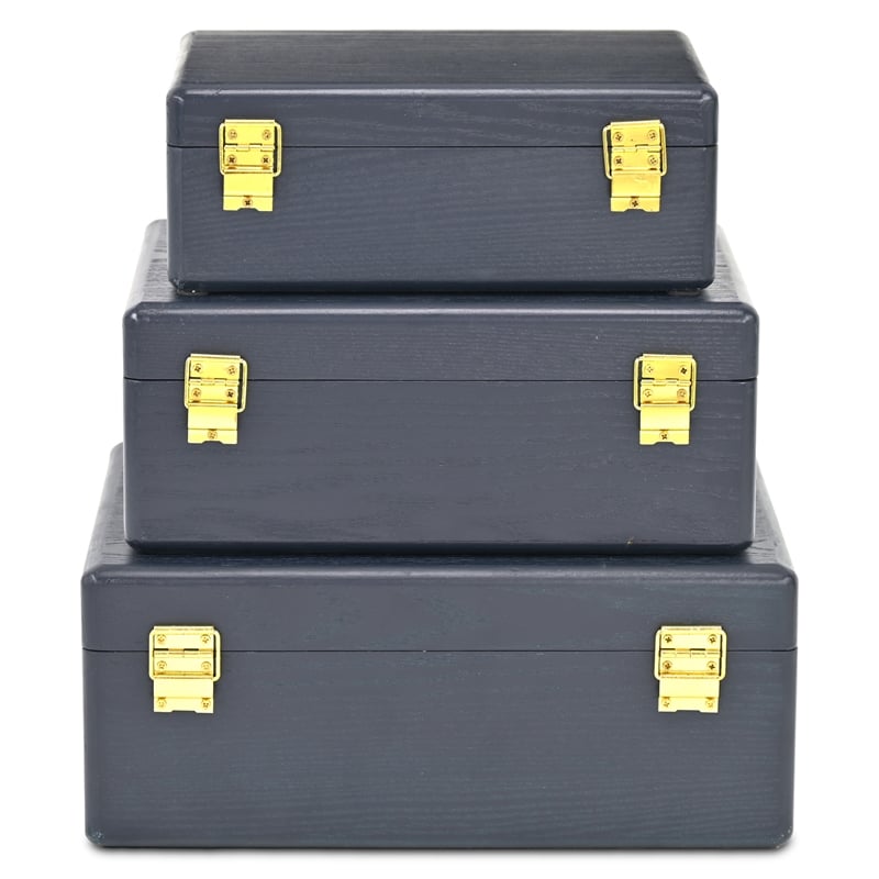 Pemberly Row Set of 3 Suitcase Storage Boxes with Gold Handles in Navy Blue