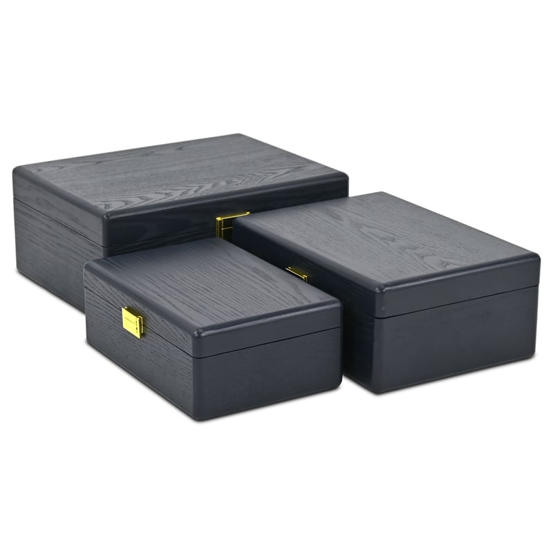 Pemberly Row Set of 3 Suitcase Storage Boxes with Gold Handles in Navy Blue